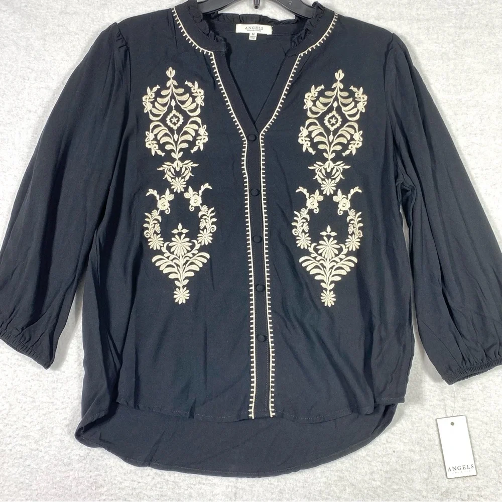 Angels Forever Young Boho Floral Blouse Women M Black Embroidered 3/4 Sleeve NWT - Picture 2 of 15